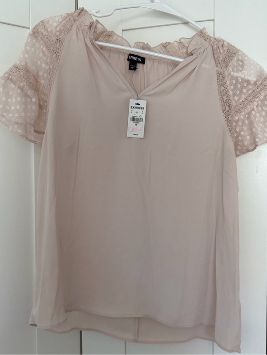 Express Tops - Express Women's Blush Pink Short Sleeve V-Neck Blouse with Lace Dot Sleeves